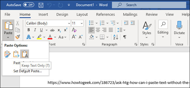 用于在 Microsoft Word 中粘贴文本的“仅保留文本”选项。