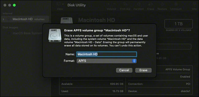 在“磁盘工具”中擦除“Macintosh HD”。