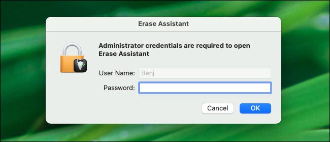 在擦除助手中，键入管理员的用户名和密码。