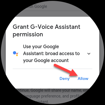 点按“允许”以授予应用使用 Google 助理的权限。