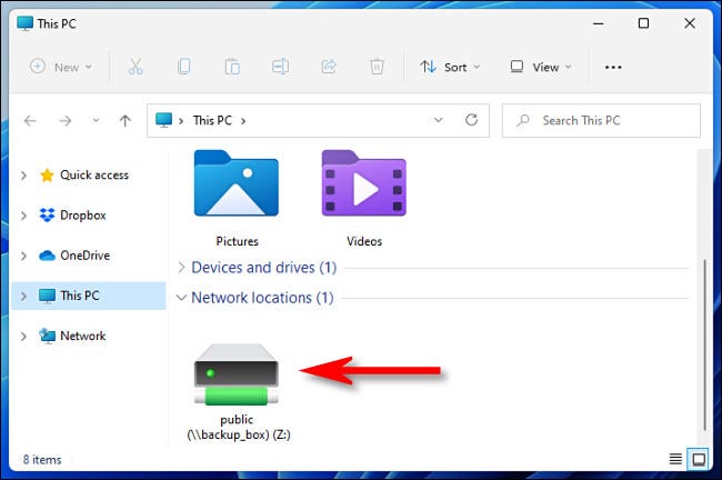 Windows 11 上文件资源管理器中映射网络驱动器的示例。